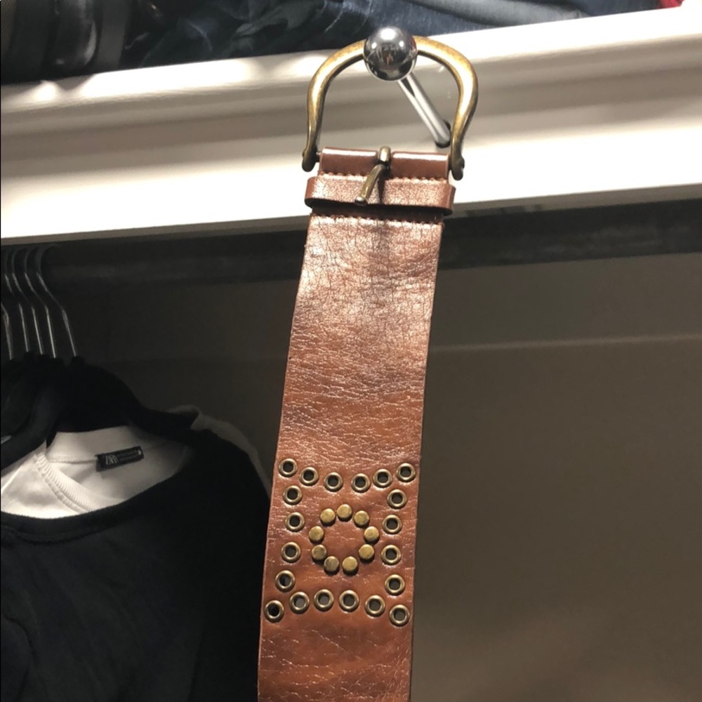 Genuine leather studded belt - brown
